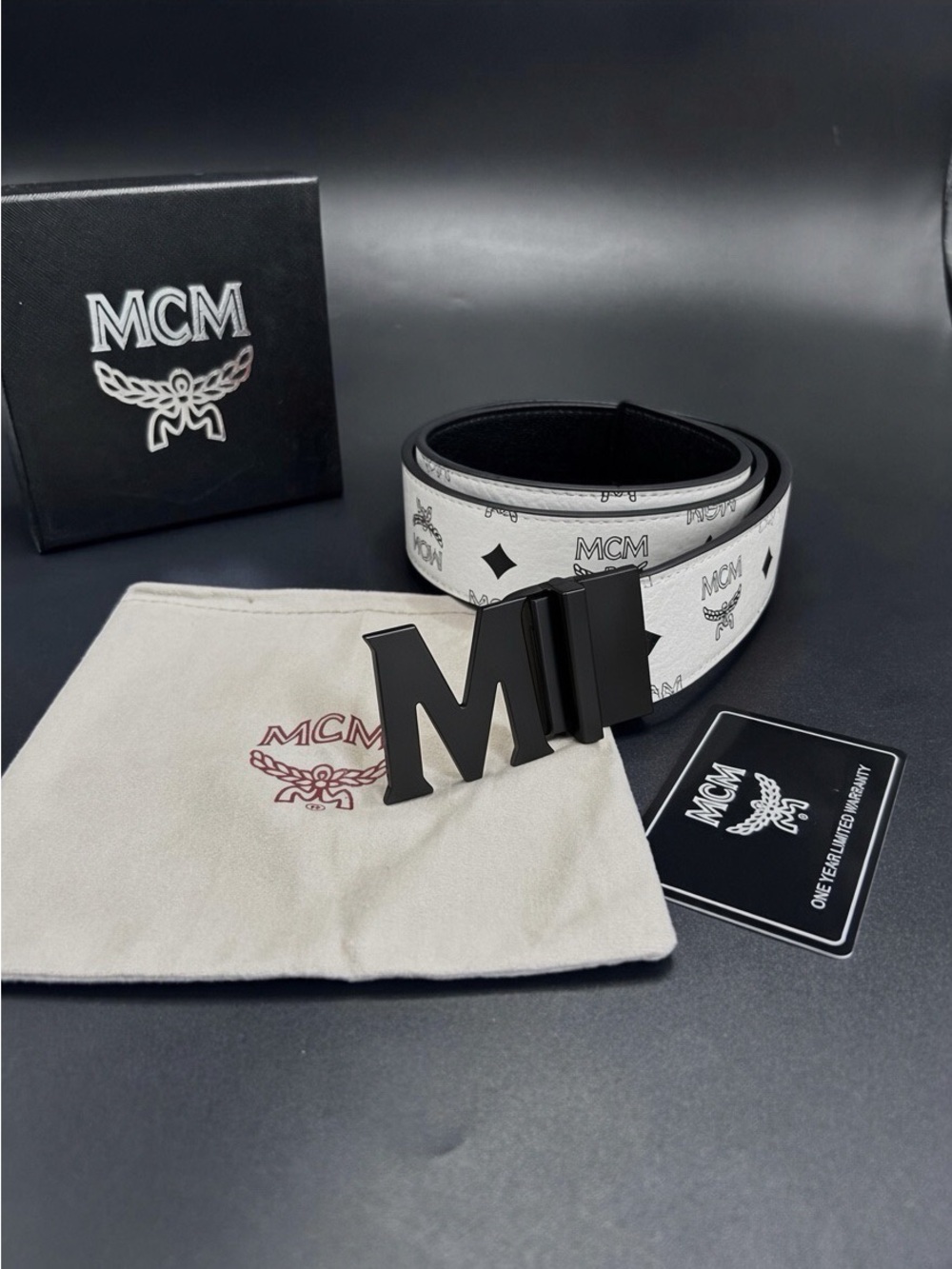 MCM White Leather Belt with Black 'M' Buckle